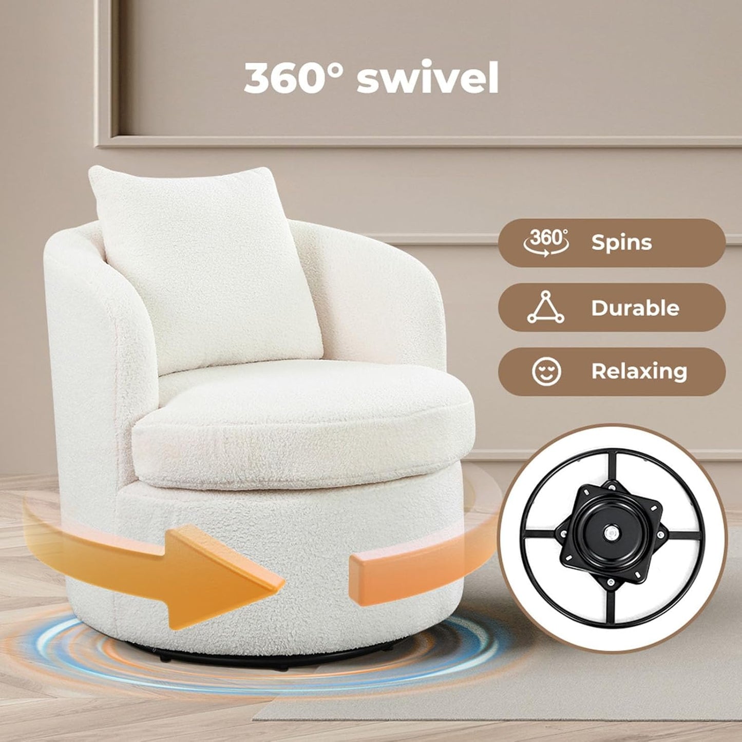 LEVEDE Round Swivel Chair for Living Room - Comfortable Round Sofa Chair Swivel with Boucle Fabric, Includes A Cozy Lumbar Pillow, Swivel Barrel Chair (70cm x 78cm x 72cm, Beige)