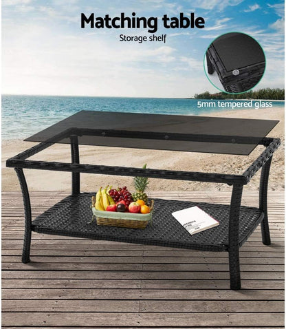 Gardeon 4PCS Outdoor Sofa Set Wicker Harp Chair Table Garden Furniture Black