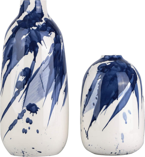 TERESA'S COLLECTIONS Modern Ceramic Vase Set for Home Decor, Navy Blue and White Vases for Flowers, Decorative Vases for Table Centerpieces, Mantel, Shelf, Living Room -Set of 2, 7.2″ & 11.4″