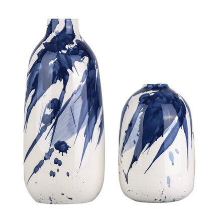 TERESA'S COLLECTIONS Modern Ceramic Vase Set for Home Decor, Navy Blue and White Vases for Flowers, Decorative Vases for Table Centerpieces, Mantel, Shelf, Living Room -Set of 2, 7.2″ & 11.4″