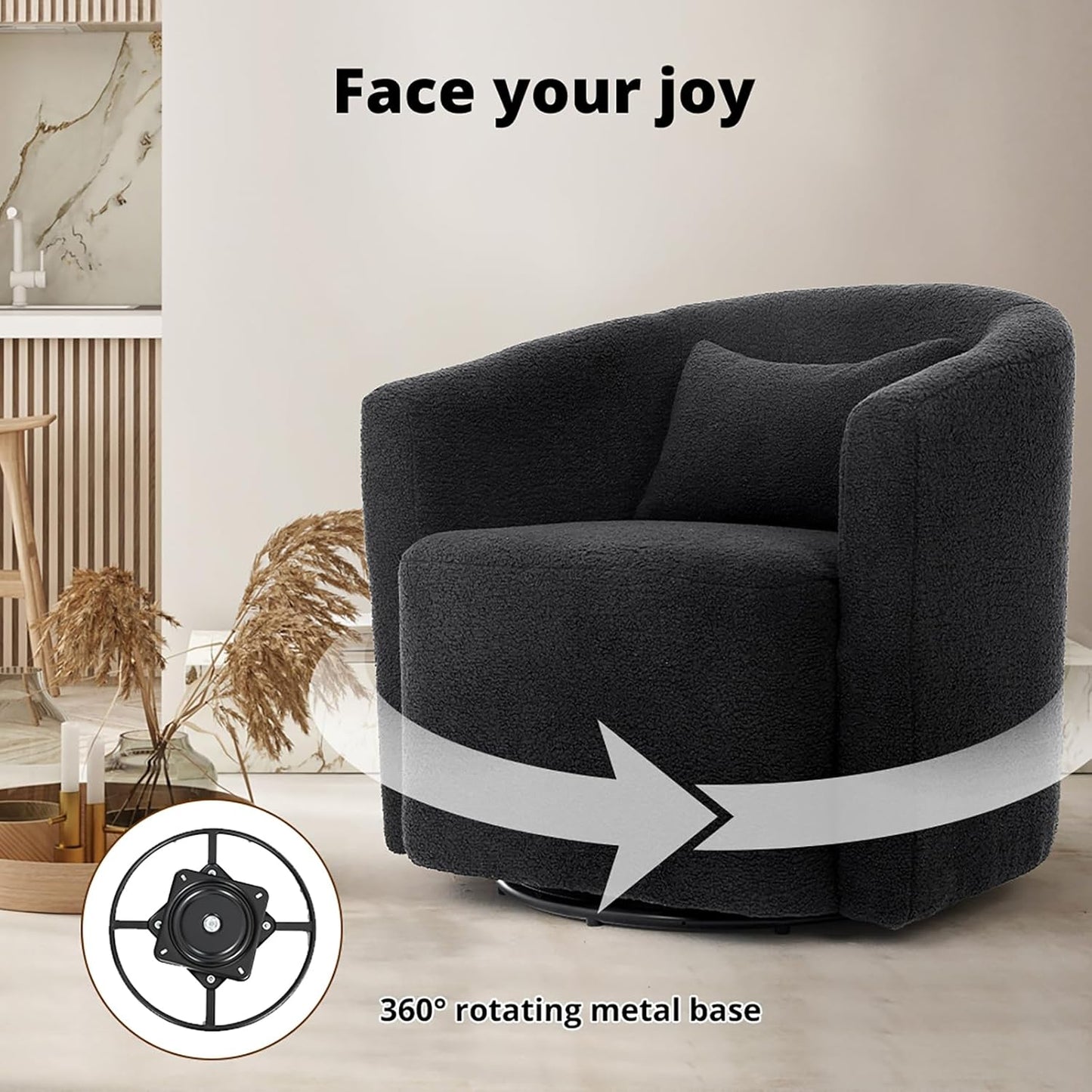 LEVEDE Round Swivel Chair for Living Room - Comfortable Round Sofa Chair Swivel with Boucle Fabric, Includes A Cozy Lumbar Pillow, Swivel Barrel Chair (70cm x 78cm x 72cm, Beige)