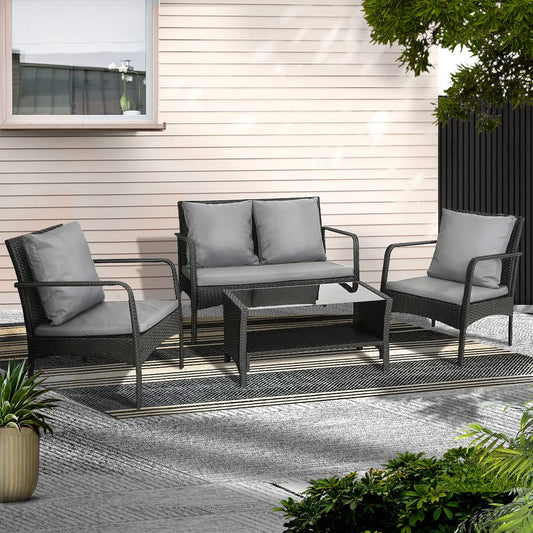 Gardeon Outdoor Lounge Setting Wicker Sofa Set Table and Chairs, Garden Furniture Patio Couch Deck Backyard Rattan, Cushion Weather-Resistant Black of 4