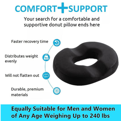 Menbyci Donut Pillow for Tailbone Pain, Memory Foam Pain Relief Donut Seat Cushion, Hemorrhoid Pillows for Sitting, Donut Cushion for Postpartum Pregnancy, Back, Coccyx, Sciatica Support Pad, Black