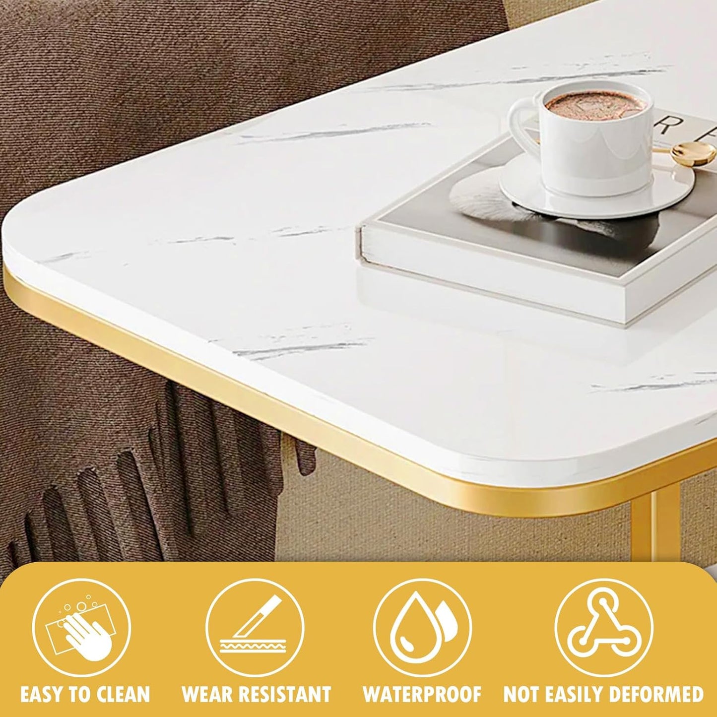 DAWNTREES Side Table C-Shaped Coffee Table Imitation Marble Texture 2-Layer Storage Shelf Living Room Tea Table Sofa Side Table 56x50x30cm,Gold Frame Whiteboard