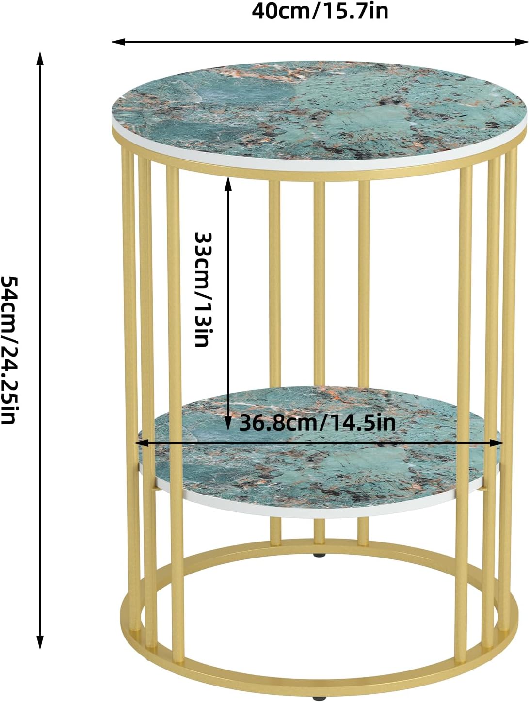 Marble Top Side Table Black: Small Circle End Tables 40 x 54cm Sintered Stone Bedside with Metal Black Legs Modern White Nightstand 2 Tier Round Sofa Side Table for Bedroom Living Room Furniture