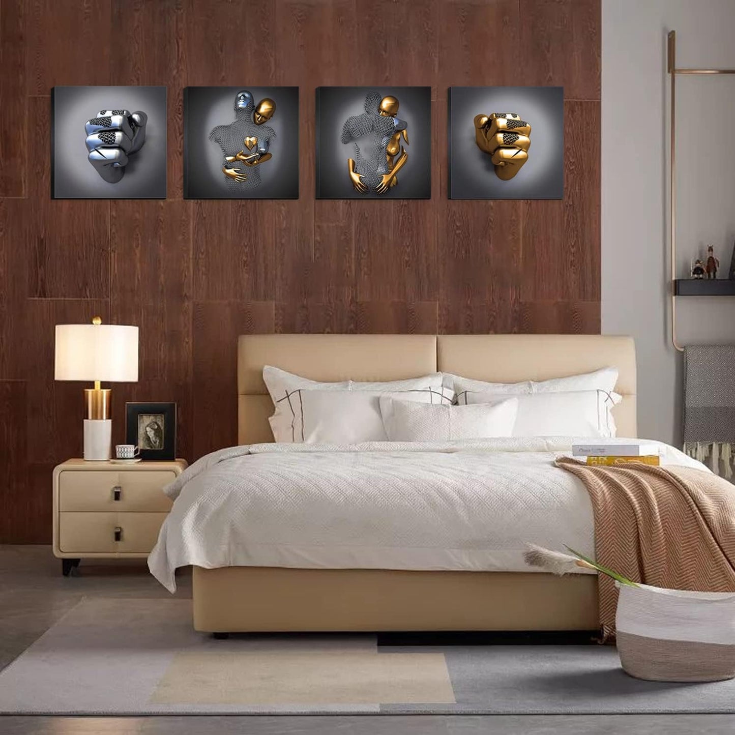 HONEYBABY Bedroom Wall Decor,Framed Romantic Couple Living Room Canvas wall art,Love Heart 3D Metal Sculpture Effect