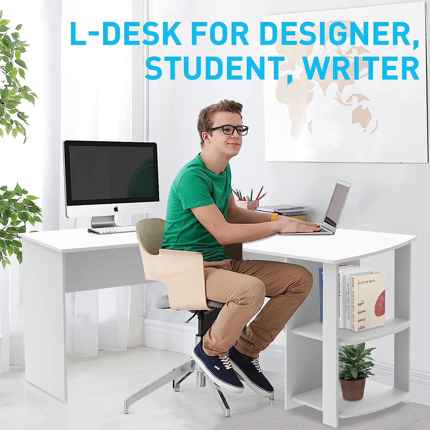 Advwin L-Shaped Computer Desk with Storage Shelf Wooden Workstation Writing Table Modern Office Desks for Study Work from Home, White