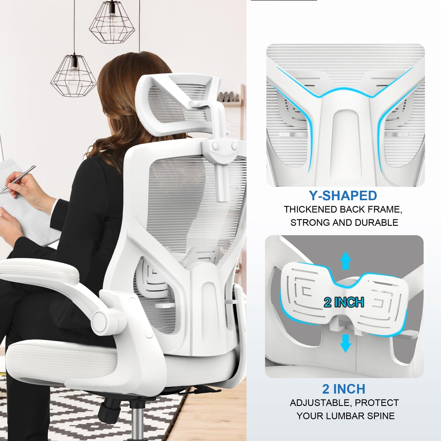 𝑯𝑶𝑴𝑬 𝑶𝑭𝑭𝑰𝑪𝑬 𝑪𝑯𝑨𝑰𝑹, Ergonomic Mesh Desk Chair, High Back Computer Chair- Adjustable Headrest with Flip-Up Arms, Lumbar Support, Swivel Executive Task Chair (Modern, White)