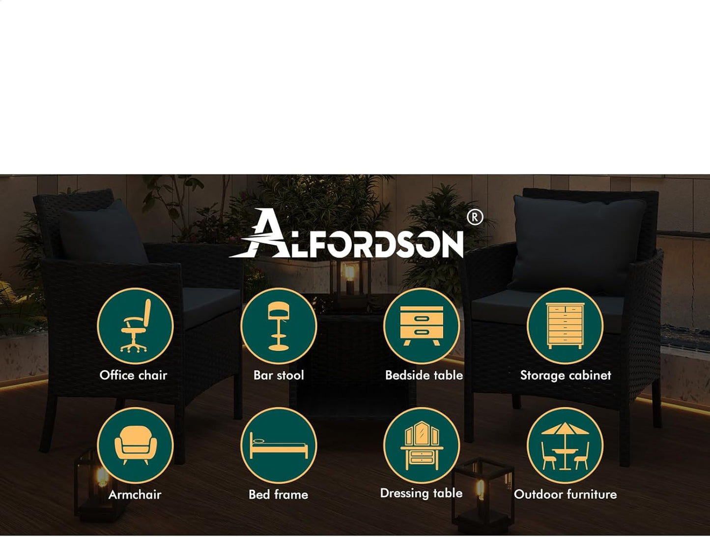 ALFORDSON Outdoor Patio Furniture 3pcs Conversation Set, Wicker 3 Pieces Lounge Chair & Glass Coffee Table Setting, Steel Frame Garden Rattan Sofa with Cushions, Black