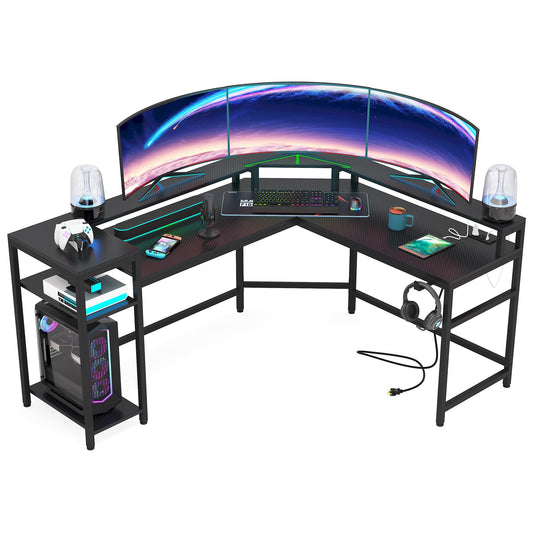 Tribesigns L-Shaped Gaming Desk with Power Outlets & LED Strips, L-Shaped Computer Desk with Storage Shelves, Corner Gaming Desk with Monitor Stand, Black Modern Writing Desk Home Office, Game Room