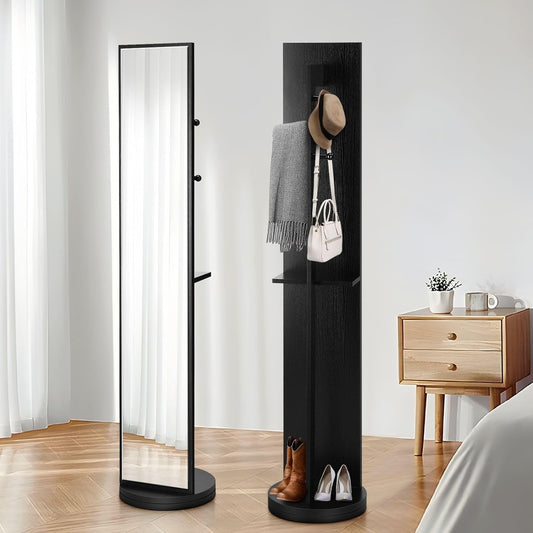 Full Length Body Mirror Tall Floor Free Standing Rotating Stand Up Alone Large Long Makeup Mirror with Storage Home Decor Black 30x20x164cm