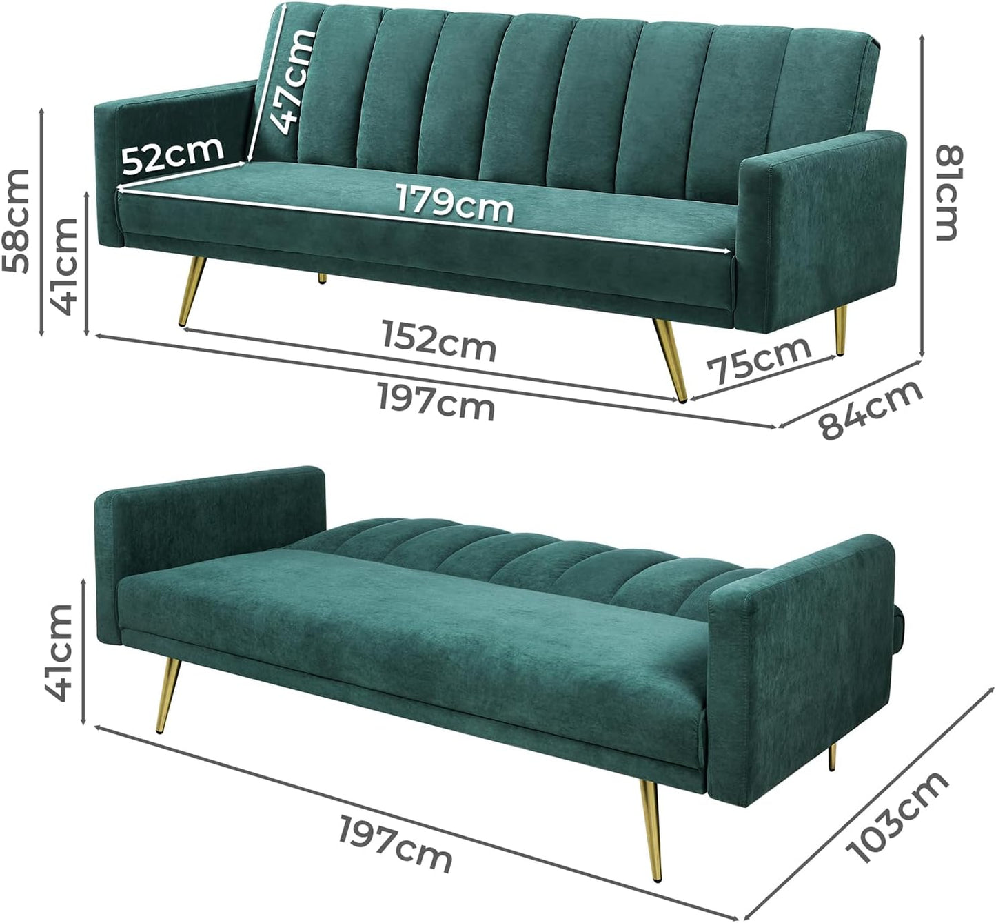 LEVEDE 3 Seater Sofa Bed Convertible, Velvet Loveseat Sofa Couch, Recliner Sofa Lounge with 3 Adjustable Backrest Positions, Spare Bed for Guest, Load Up to 220kg (197cm, Green)