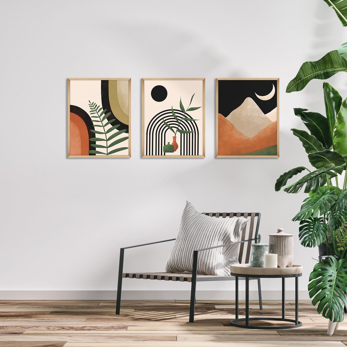 Gisipameis Boho Wall Art Set of 3 Mid Century Modern Wall Decor Framed Canvas Print 12"x16" Minimalist Wall Art Geometric Abstract Modern Neutral Boho Wall Art Decor for Living Room Bathroom