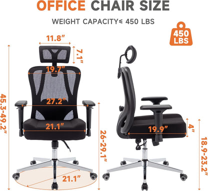 Big and Tall Office Chair 450lbs Ergonomic Mesh Office Desk Chair with 4d Armrests Adjustable Lumbar Support Rocking Executive Computer Chair for Heavy People Upgraded Caster Wheels with Headrest