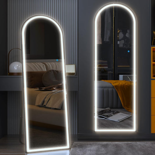 Dystler Full Length Mirror with LED Lights: 160 x 50cm Arch Glass Floor Mirror Standing Hanging or Leaning Against Wall - Full Body Mirror with 3 Colors & Dimmable Brightness for Bedroom Living Room