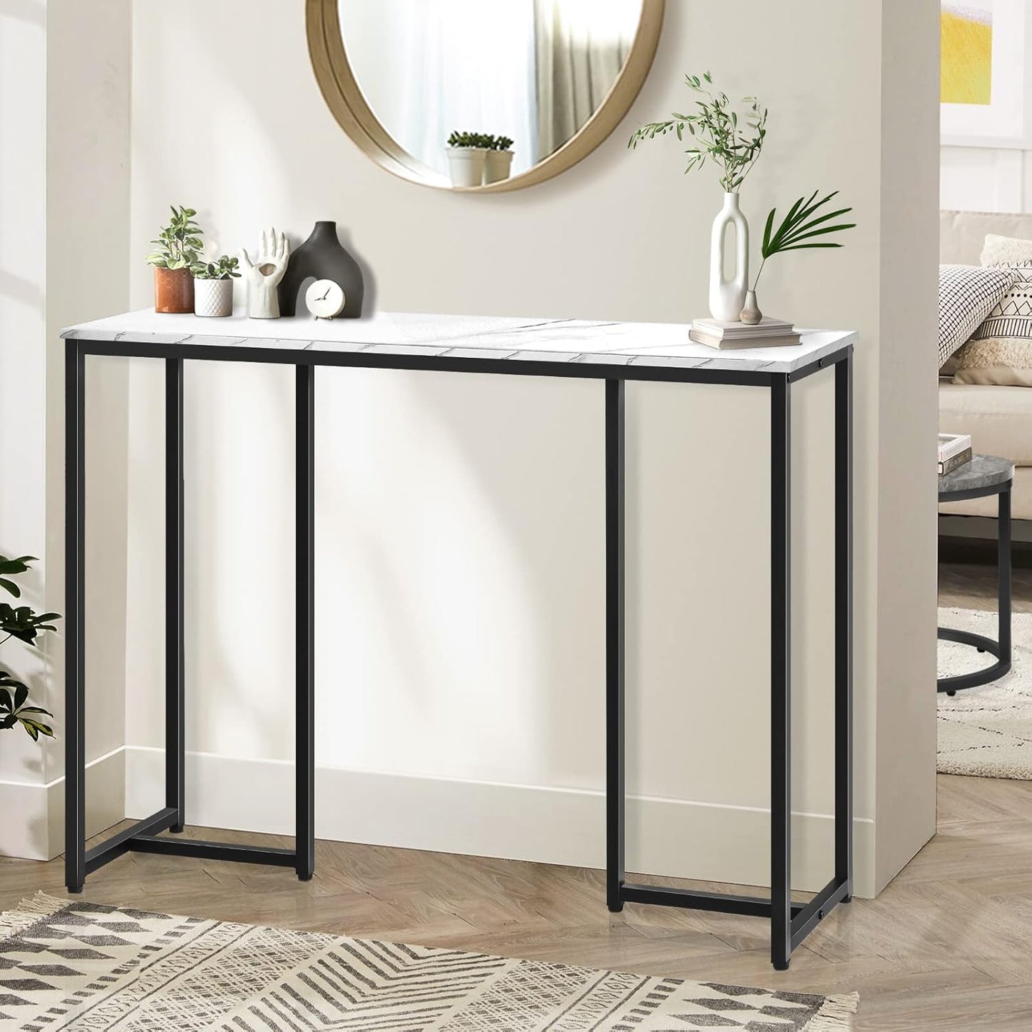 Oikiture Hallway Table Console Table with Marble Tabletop and Steel Frame 95cm