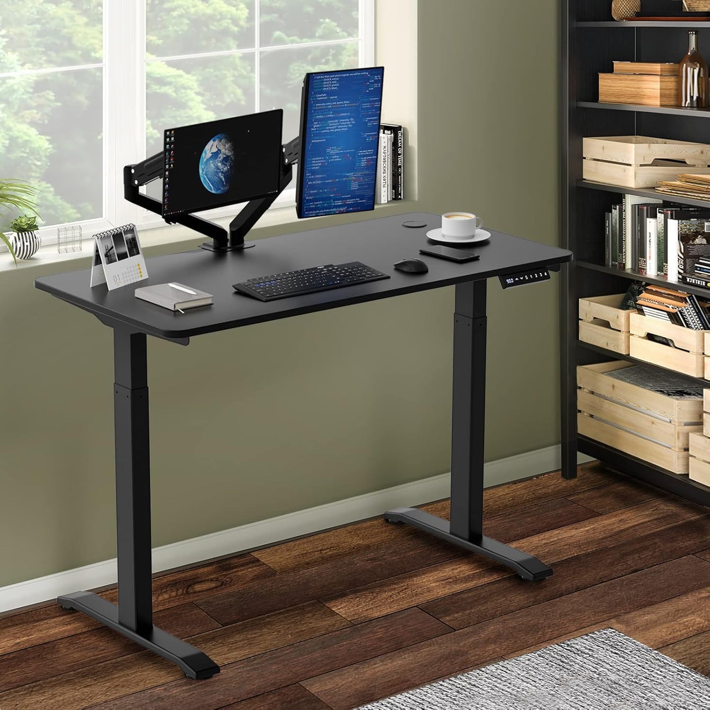 ADVWIN Ergonomic Standing Desk 28"-45" Height Adjustable Electric Sit Stand Desks with Smart Memory Lifting Sturdy Tabletop Motor Computer Workstation for Home, Office, Gaming (Walnut Top Black Legs)