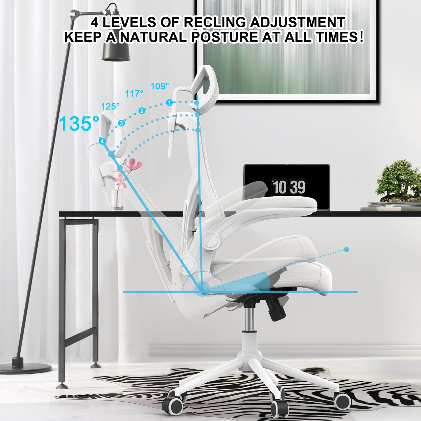 𝑯𝑶𝑴𝑬 𝑶𝑭𝑭𝑰𝑪𝑬 𝑪𝑯𝑨𝑰𝑹, Ergonomic Mesh Desk Chair, High Back Computer Chair- Adjustable Headrest with Flip-Up Arms, Lumbar Support, Swivel Executive Task Chair (Modern, White)