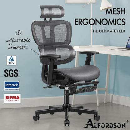 ALFORDSON Ergonomic Mesh Office Chair with 3D Armrest, Recline & Tilt Executive Study Chair with Adaptive Lumbar Support, Computer Gaming Desk Chair with Adjustable Headrest & Footrest, Grey