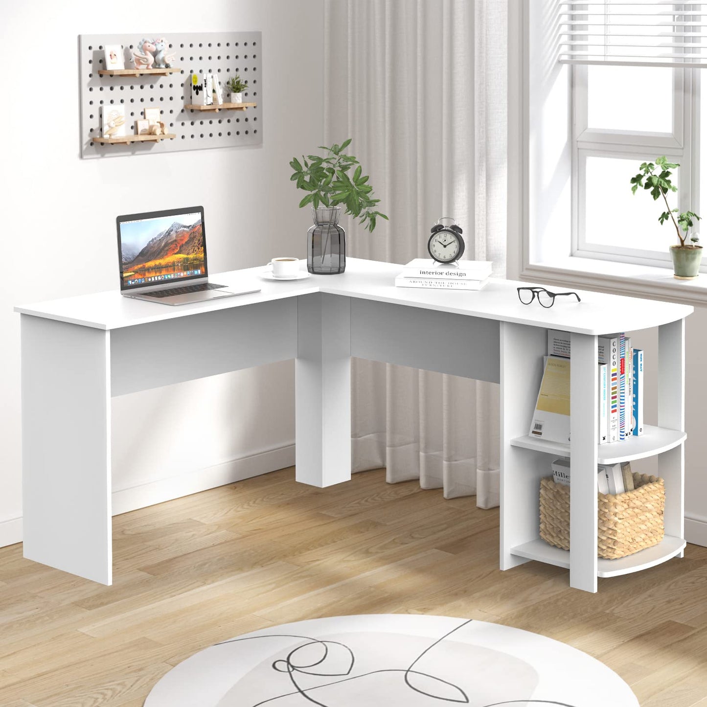 Advwin L-Shaped Computer Desk with Storage Shelf Wooden Workstation Writing Table Modern Office Desks for Study Work from Home, White