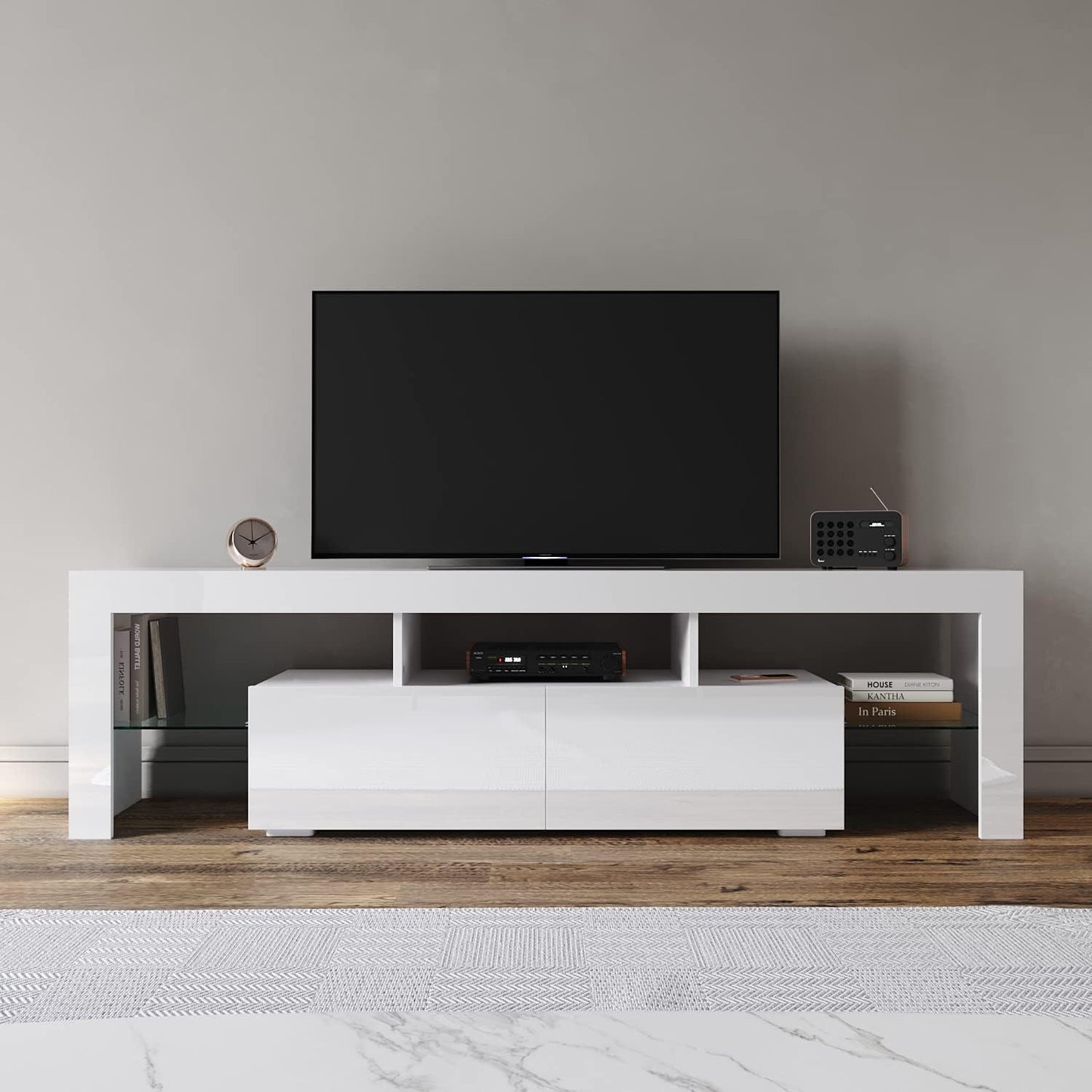 ELEGANT TV Cabinet Furniture with LED Lighting, 200cm High Gloss Black Entertainment Unit