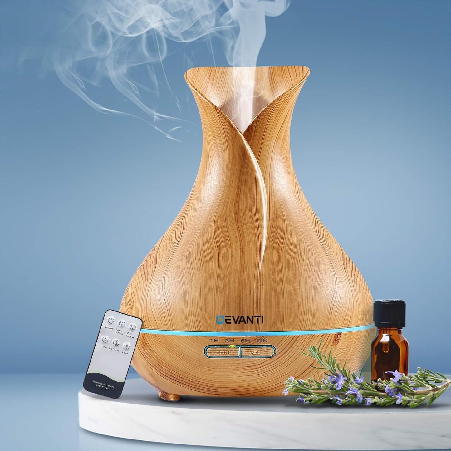 Devanti Aroma Diffuser, 400ml Air Humidifier Purifier Essential Oils Car Freshener Vaporizer Aromatherapy Diffusers Scent Booster Home Office Bedroom Humidifiers Steam, 7 Led Light Brown