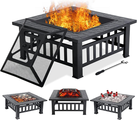 32" Fire Pit Table for Outside,Outdoor Fire Pit Square Wood Burning with Spark Screen Fire Poker for Camping,Backyard,Patio(Black)