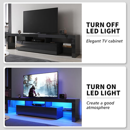 ELEGANT TV Cabinet Furniture with LED Lighting, 200cm High Gloss Black Entertainment Unit