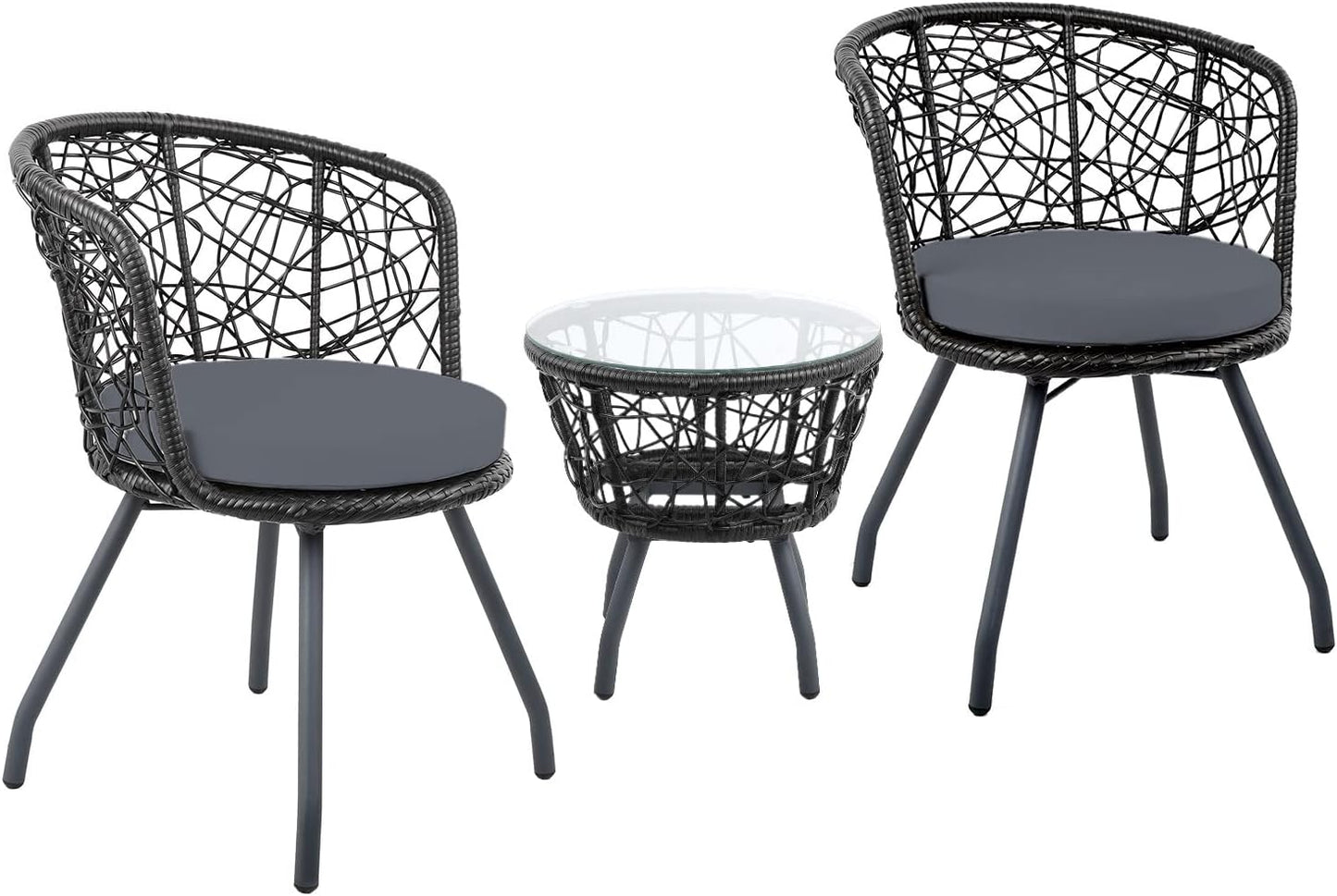 Gardeon 3pcs Wicker Patio Furniture, Bistro Set Table and Chairs Outdoor Lounge Setting Conversation Sets Dining Chair Garden Backyard, Cushion with Rattan Coffee Table Round Black