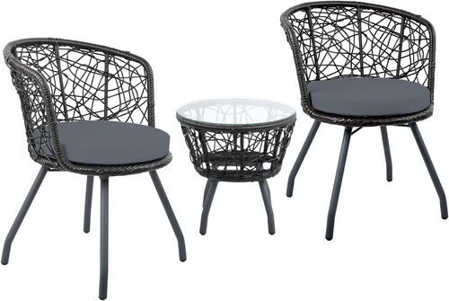 Gardeon 3pcs Wicker Patio Furniture, Bistro Set Table and Chairs Outdoor Lounge Setting Conversation Sets Dining Chair Garden Backyard, Cushion with Rattan Coffee Table Round Black