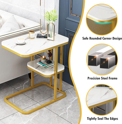 DAWNTREES Side Table C-Shaped Coffee Table Imitation Marble Texture 2-Layer Storage Shelf Living Room Tea Table Sofa Side Table 56x50x30cm,Gold Frame Whiteboard