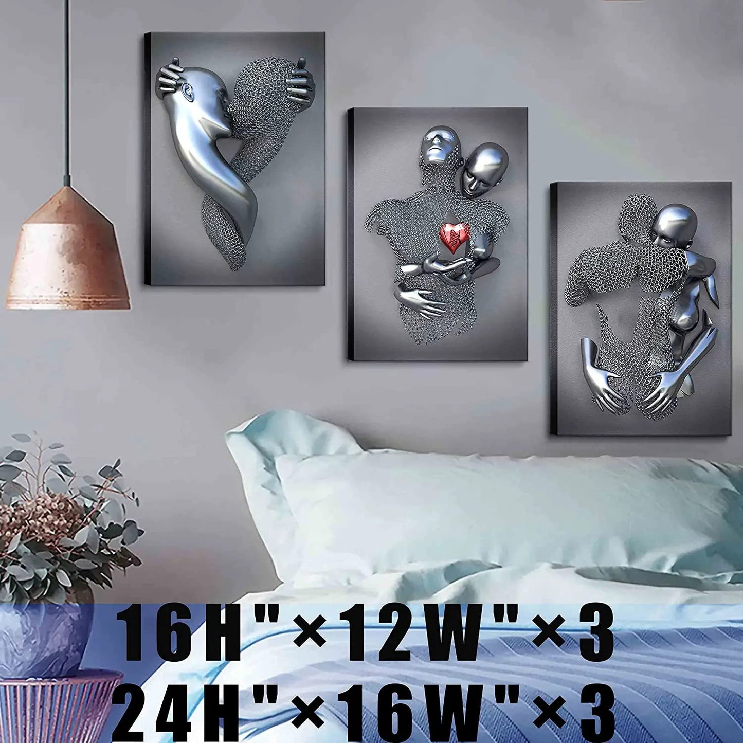 HONEYBABY Bedroom Wall Decor,Framed Romantic Couple Living Room Canvas wall art,Love Heart 3D Metal Sculpture Effect