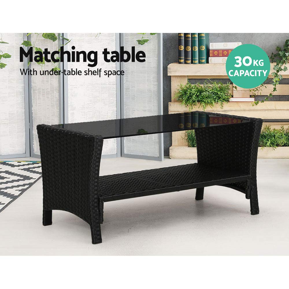 Gardeon Outdoor Lounge Setting Wicker Sofa Set Table and Chairs, Garden Furniture Patio Couch Deck Backyard Rattan, Cushion Weather-Resistant Black of 4