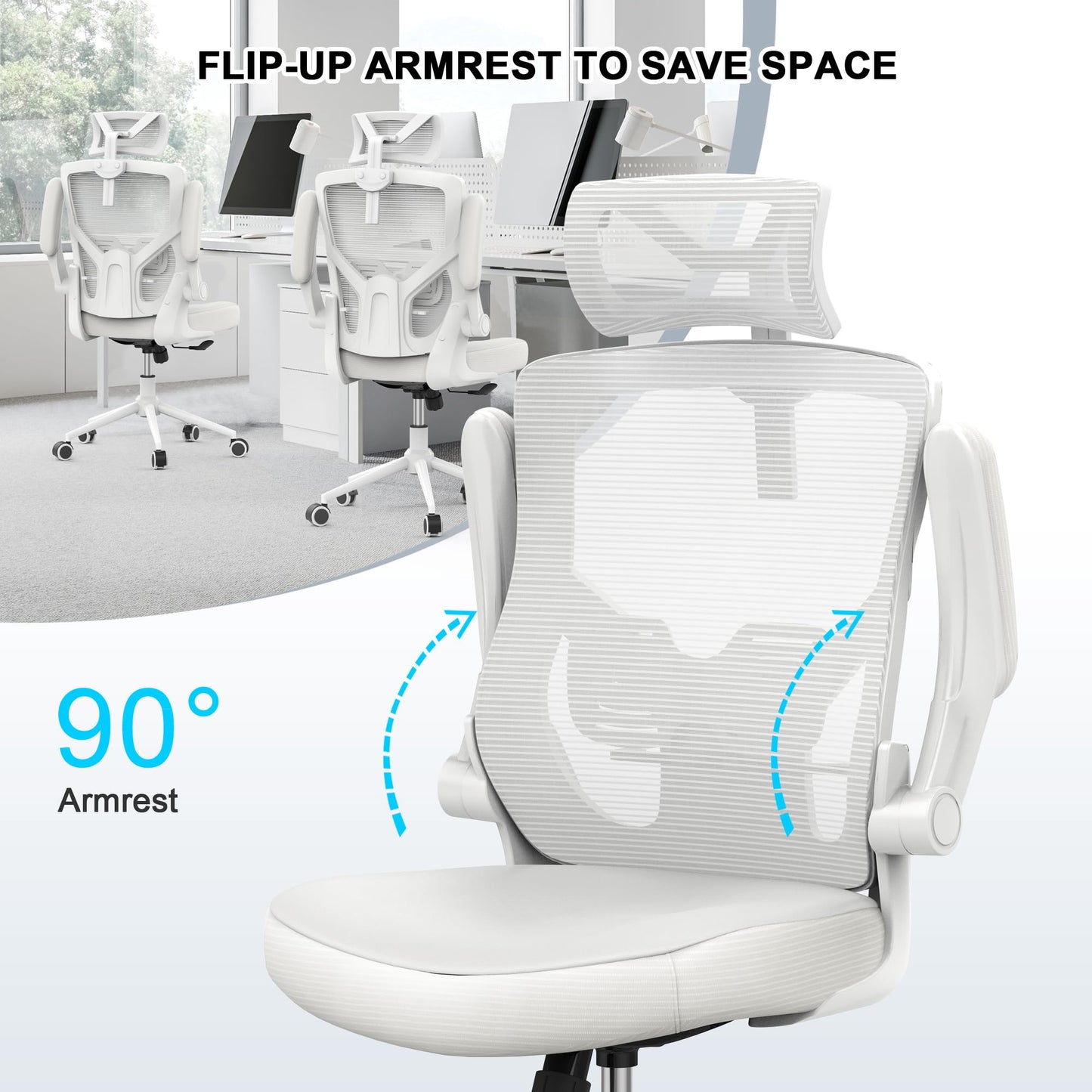 𝑯𝑶𝑴𝑬 𝑶𝑭𝑭𝑰𝑪𝑬 𝑪𝑯𝑨𝑰𝑹, Ergonomic Mesh Desk Chair, High Back Computer Chair- Adjustable Headrest with Flip-Up Arms, Lumbar Support, Swivel Executive Task Chair (Modern, White)