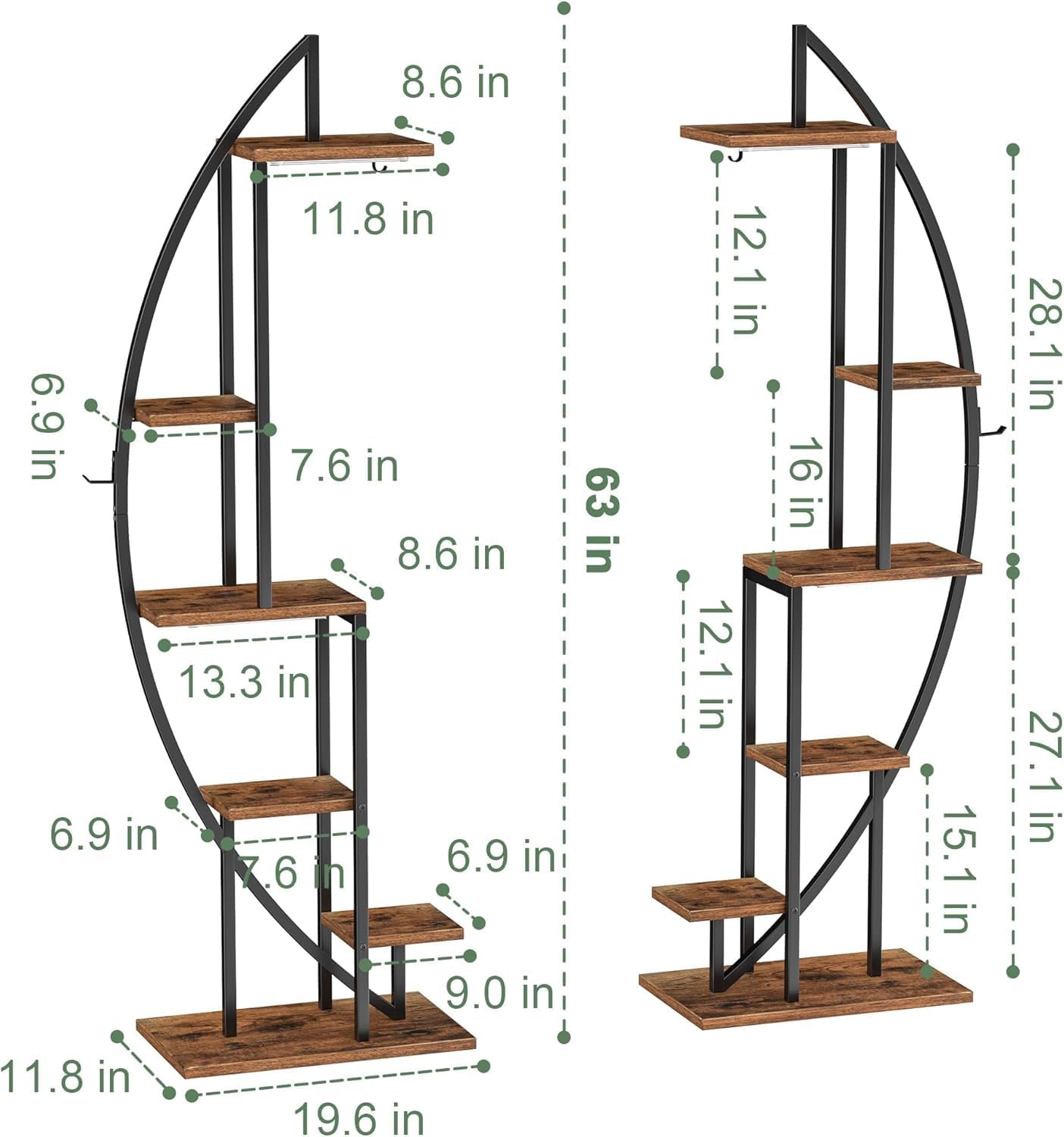 BACEKOLL Plant Stand Indoor with Grow Lights, 6 Tiered Tall Plant Shelf, 63" Metal Plant Stand for Indoor Plants Multiple, Half-Moon Plant Rack Display Shelf, 2 Pcs Plant Holder for Living Room, Patio