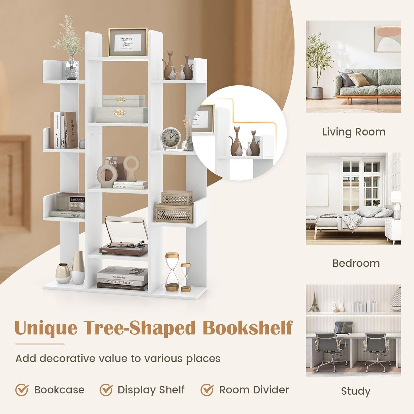 Giantex Tree Bookshelf, 141 cm Tall Bookcase with 13 Open Shelves, Corner Books Storage Organizer, Freestanding Decorative Display Cube Shelf for Living Room, Study or Office