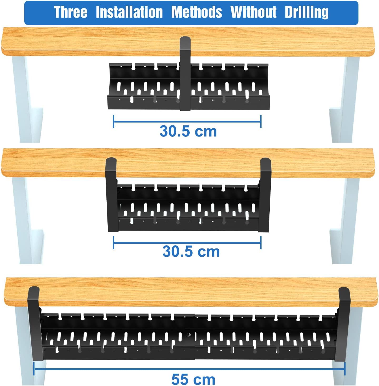 Necomi No Drill Under Desk Cable Management Tray, 21.7" Retractable Clamp Mounted Desk Cable Cord Organizer for Wire Management, Sturdy Metal Cable Tray Basket for Home Office(Black)