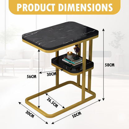 DAWNTREES Side Table C-Shaped Coffee Table Imitation Marble Texture 2-Layer Storage Shelf Living Room Tea Table Sofa Side Table 56x50x30cm,Gold Frame Whiteboard