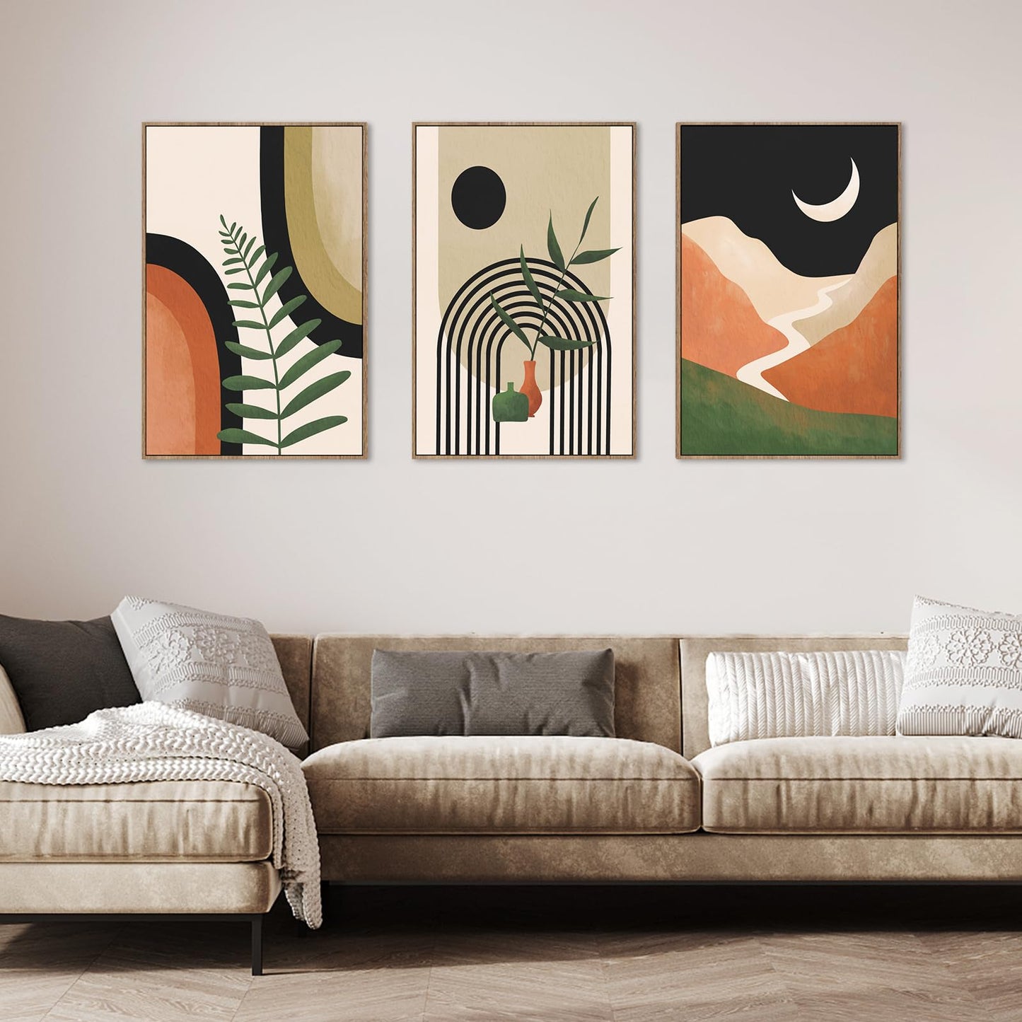 Gisipameis Boho Wall Art Set of 3 Mid Century Modern Wall Decor Framed Canvas Print 12"x16" Minimalist Wall Art Geometric Abstract Modern Neutral Boho Wall Art Decor for Living Room Bathroom