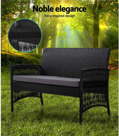 Gardeon 4PCS Outdoor Sofa Set Wicker Harp Chair Table Garden Furniture Black