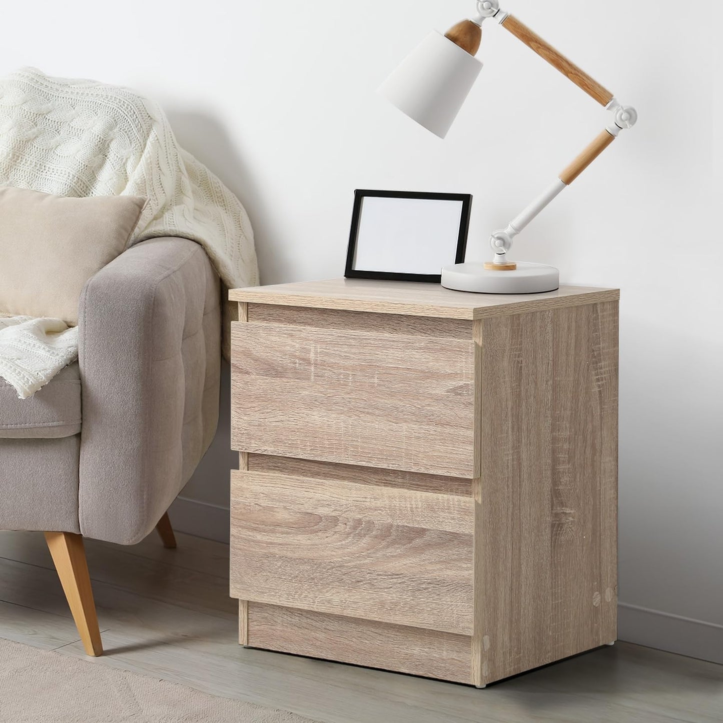 Oikiture Bed Side Table with 2 Drawers White Bedside Table Side End Table