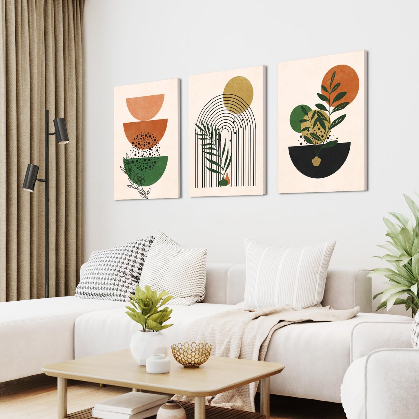 Gisipameis Boho Wall Art Set of 3 Mid Century Modern Wall Decor Framed Canvas Print 12"x16" Minimalist Wall Art Geometric Abstract Modern Neutral Boho Wall Art Decor for Living Room Bathroom