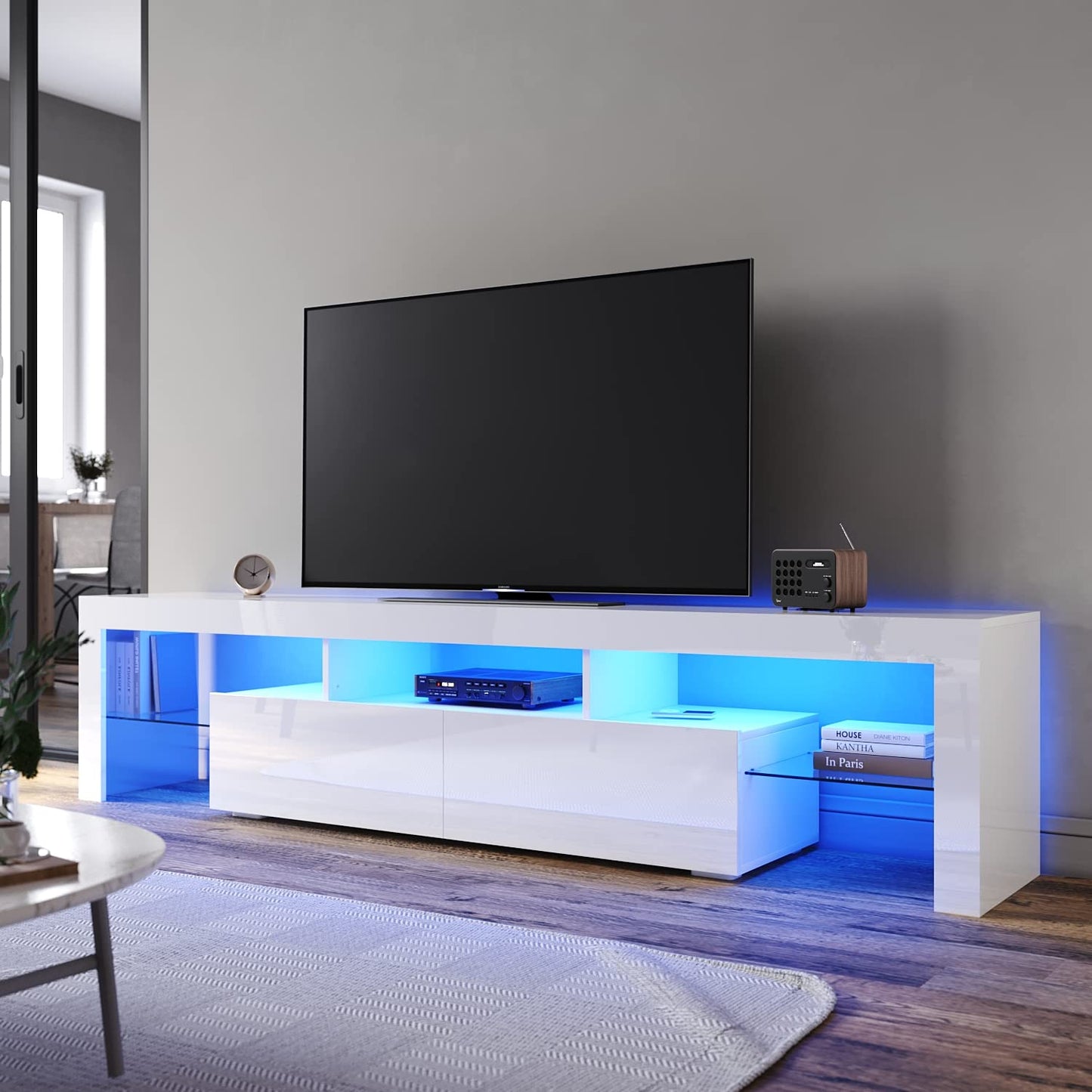 ELEGANT TV Cabinet Furniture with LED Lighting, 200cm High Gloss Black Entertainment Unit