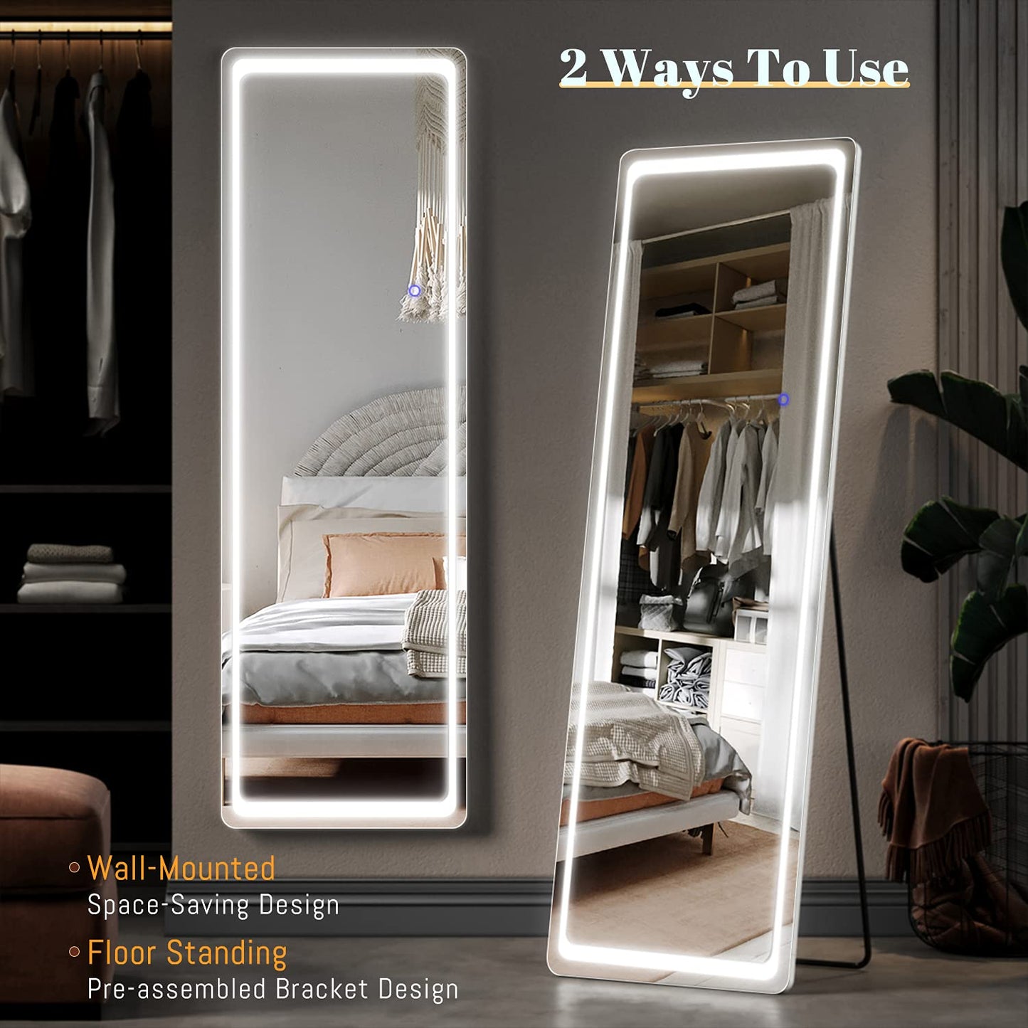 ELEGANT LED Floor Mirror, Wall Mounted Hanging Mirror with Lights, LED Lighted Full Body Dressing Mirror, Large Vanity Mirror for Bedroom 160 x 50 cm