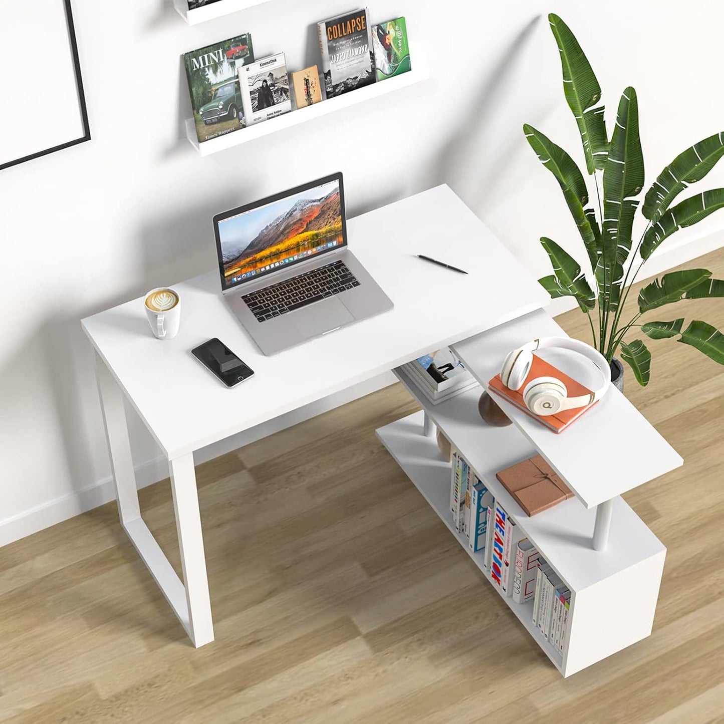 Advwin L-Shaped Computer Desk with Storage Shelf Wooden Workstation Writing Table Modern Office Desks for Study Work from Home, White