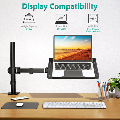 WALI Laptop Tray Desk Mount for 1 Laptop Notebook Up to 17 Inch, Fully Adjustable, 22 Lbs Capacity with Vented Cooling Platform Stand (M00Lp)