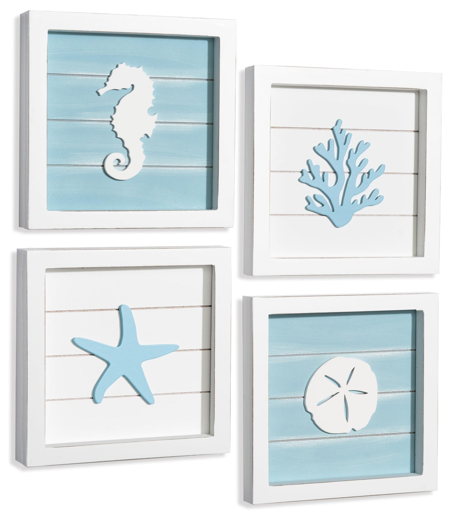 TideAndTales Ocean Beach Themed Room Decor (Framed Set of 4) Coastal 3D Wall Art with Starfish, Seahorse, Sand Dollar and Coral - Turquoise Coastal Room Decor - Seashell Beach Decorations for Home