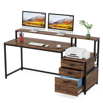 Tribesigns Office Desk with Drawers, 160cm Computer Desk with Monitor Stand, Rustic Work Desk with Printer Space, Wood Home Office Desk with File Drawer Cabinet, Rustic Brown