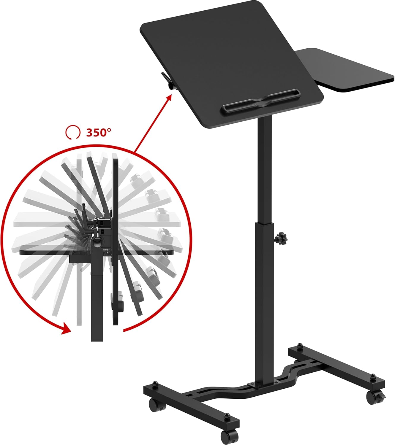 SHW Height Adjustable Laptop Stand Cart with Tilting Desktop and Side Shelf, Black