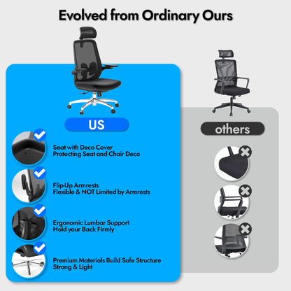 LarkLeaves Ergonomic Office Chair with Flip-Up Arms, Office Chair with Adjustable Lumbar Support and Headrest, Gaming Chair with Thick Cushion, Computer Chair for Home Office, Mesh Back Study Chair